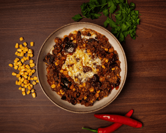 Auberginen-Chili con Carne mit Käse Überbacken