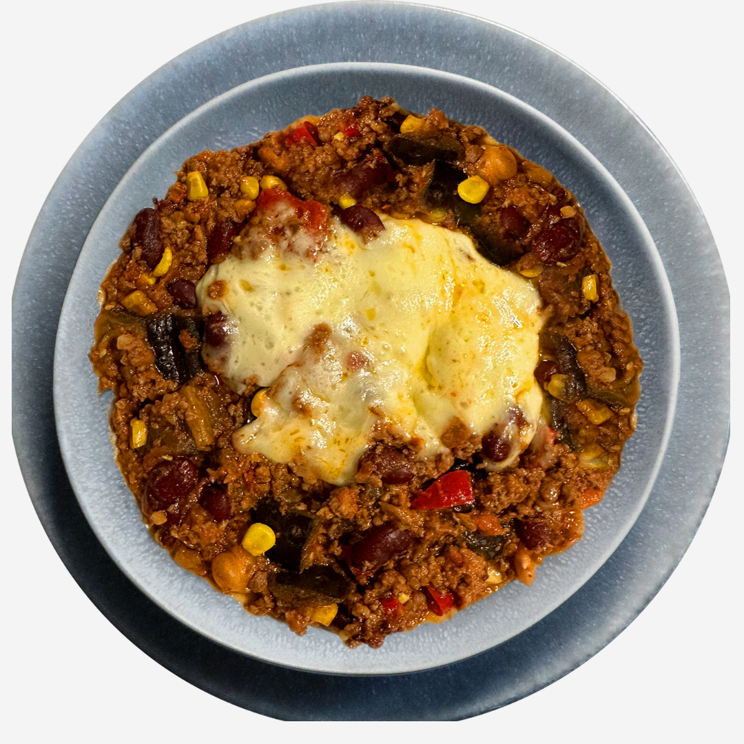 Auberginen-Chili con Carne mit Käse Überbacken