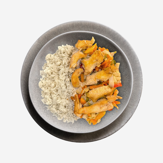 Hühnerstreifen mit Wokgemüse und Basmatireis